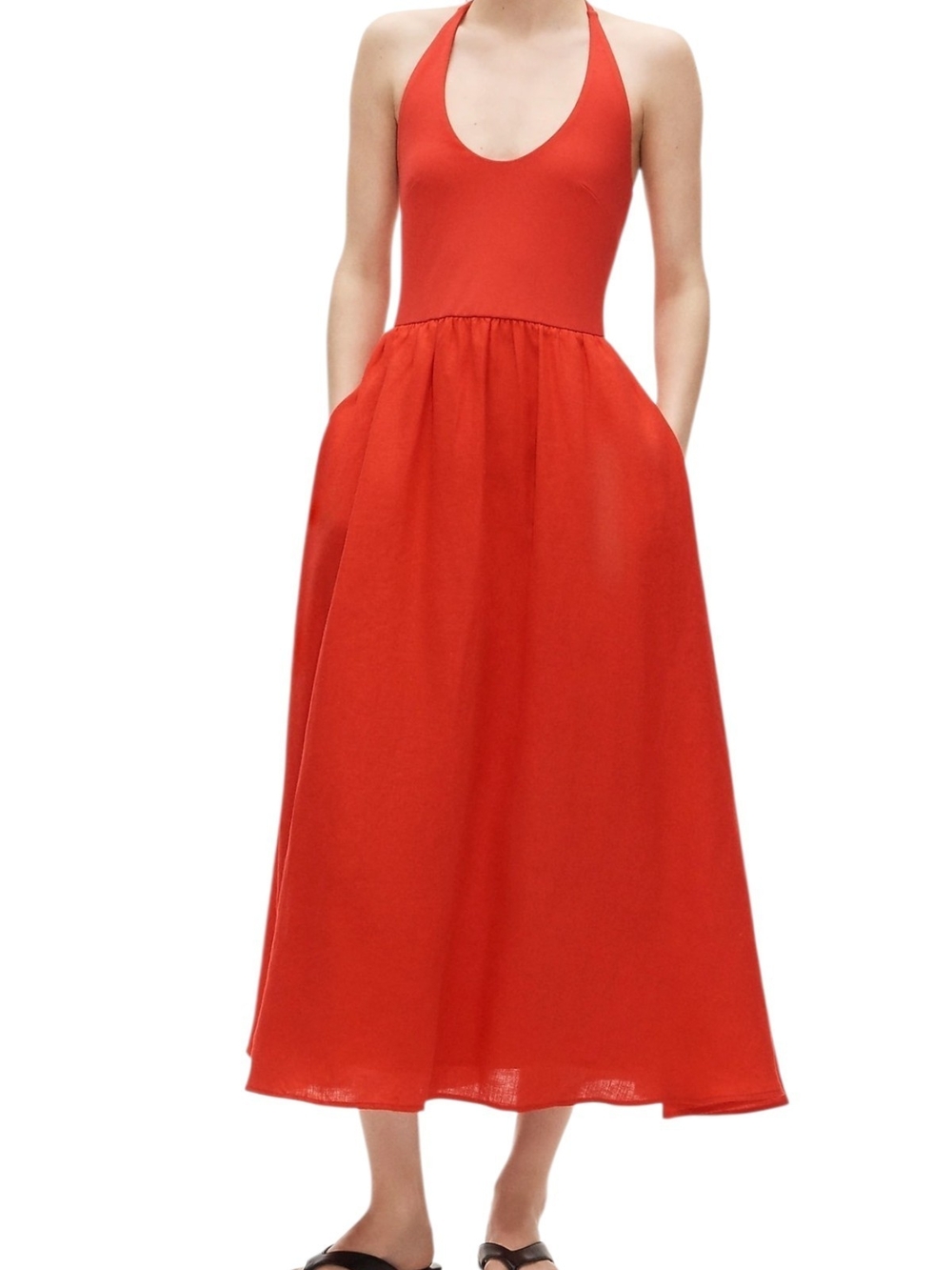 J.Crew Red Halter Midi Dress with Pockets SZ S NWT